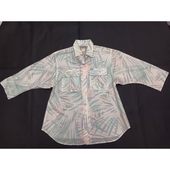 Cabrais Tops - Vintage Cabrais Tropical Palm Leaf Button Up Shirt Pastel 3/4 Sleeve Size 8 6085